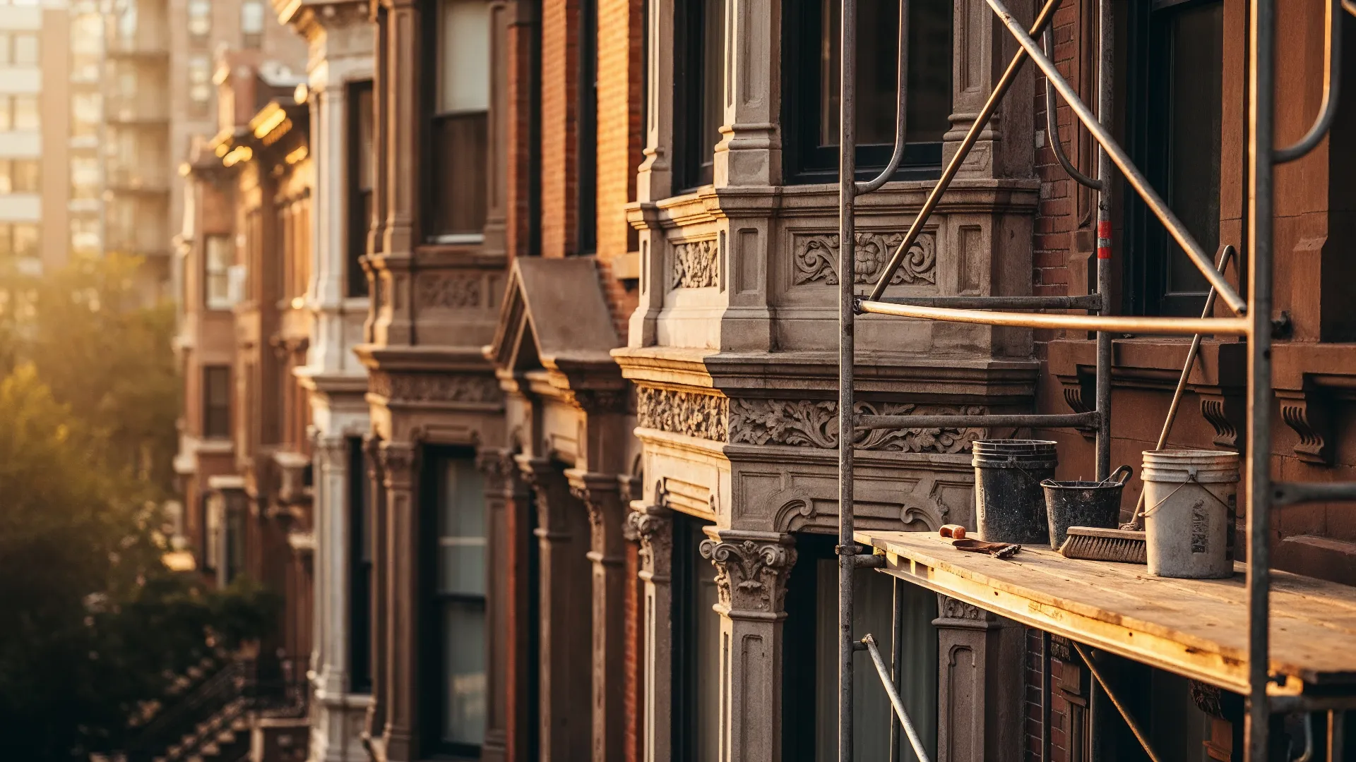 Historic NYC brownstone building renovation with preserved original details