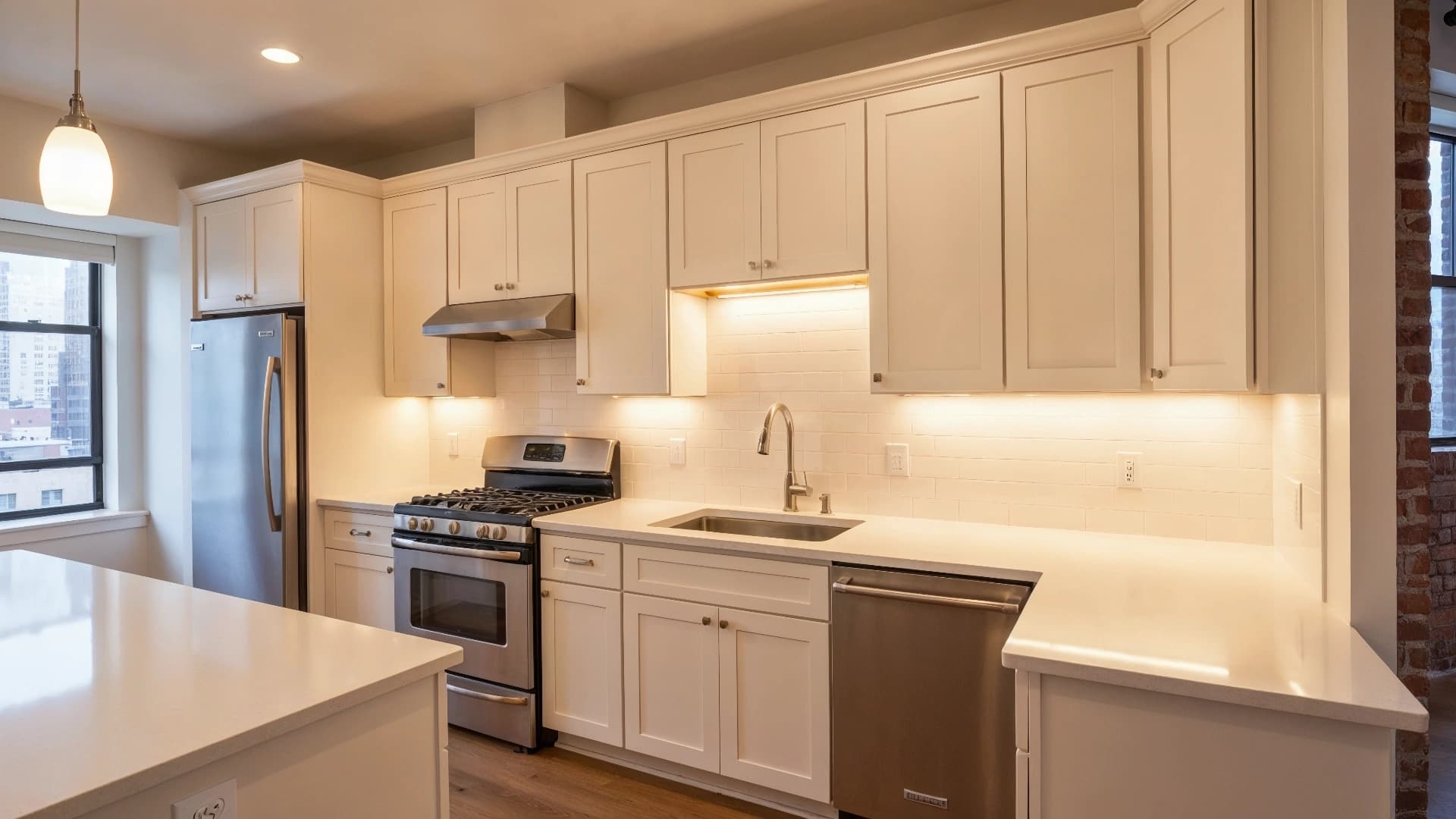 NYC kitchen renovation with modern cabinets and city view
